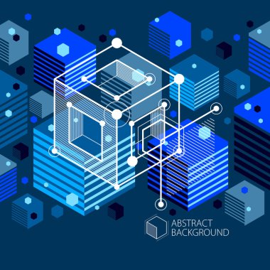 Broşür, el ilanı, poster, reklam, kapak, vektör soyut modern arkaplan için 3D koyu mavi tasarım düzeni. Küpler, altıgenler, kareler, dikdörtgenler ve farklı soyut elementlerin bileşimi.