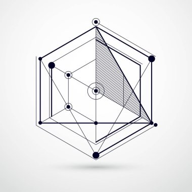 Fütürist tarzda siyah ve beyaz şablon bileşiminde soyut vektör geometrik üç boyutlu elementler. Teknik plan web tasarımında ve duvar kağıdı veya arkaplan olarak kullanılabilir.
