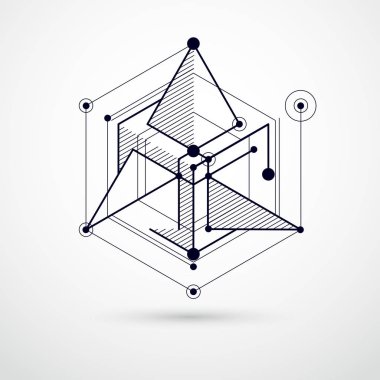 Soyut geometrik 3 boyutlu küp şablonu ve siyah beyaz arkaplan vektörü. Küpler, altıgenler, kareler, dikdörtgenler ve farklı soyut elementlerin yerleşimi.