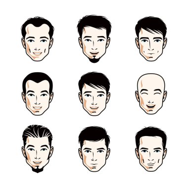 Erkekler yüzlerini, insan kafaları ayarlayın. Brunet, kel, bıyık veya sakallı, yakışıklı erkekler gibi farklı vektör karakterler.