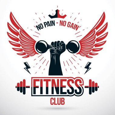 Fitness egzersiz kavramsal vektör amblemi kuş kanatları ve atletik vücut geliştirmeci kol dumbbell tutan kullanılarak oluşan.