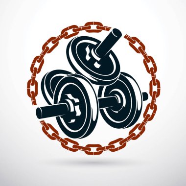 Demir zinciri tarafından çevrili dumbbell ve disk ağırlık vektör çizim. Çapraz vücut geliştirme ve uygun Spor donatımı.