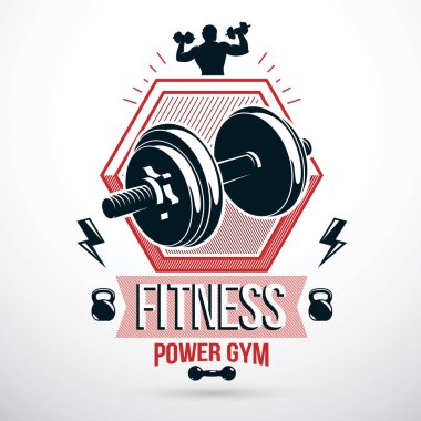 Vektör spor ekipmanları, disk ağırlığı ve su ısıtıcısı zil ile halter. Bodybuilder vektör sembolü, şampiyon kavramı