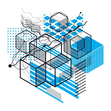 3B şekiller kompozisyon soyut, izometrik arka plan vektör. Kompozisyon küpleri, Altıgenler, kareler, dikdörtgenler ve farklı soyut öğeler.