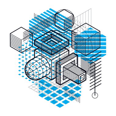 İzometrik elemanları ile arka plan, çizgiler ve şekiller ile doğrusal sanat vektör. Küpleri, Altıgenler, kareler, dikdörtgenler ve farklı soyut öğeler.