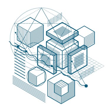 İzometrik arka plan çizgileri ve diğer farklı elemanları, vektör soyut şablonu. Kompozisyon küpleri, Altıgenler, kareler, dikdörtgenler ve farklı soyut öğeler.