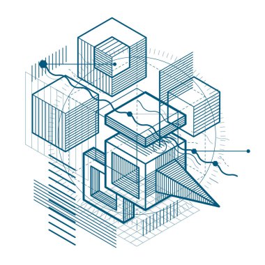 Çizgiler ve şekiller Özet vektör izometrik 3d arka plan. Küpleri, Altıgenler, kareler, dikdörtgenler ve farklı soyut öğeler düzenini.