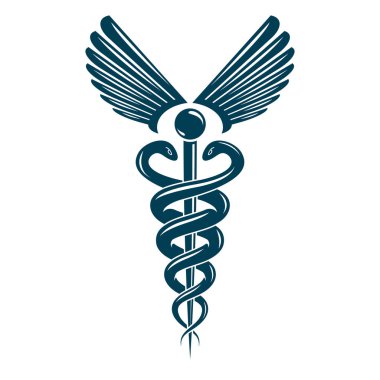 Caduceus sembolü kuş kanatları ve zehirli yılanlar kullanılarak yapıldı, sağlık hizmeti kavramsal vektör çizimi.
