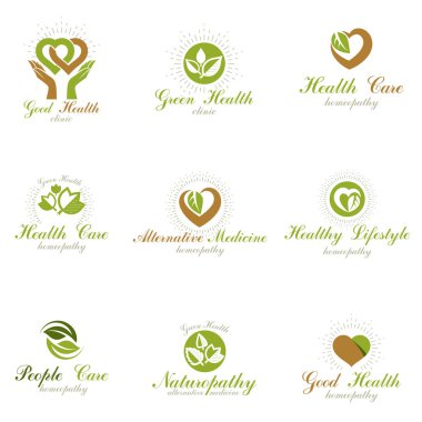 Homeopati yaratıcı semboller koleksiyonu. Alternatif Tıp kavramsal vektör Amblemler oluşturulan kullanarak yeşil yaprakları, kalp şekilleri, dini haçlar ve el Bakımı.