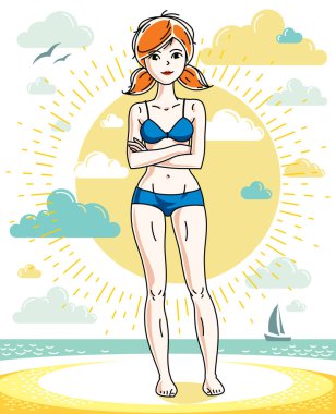 Tropik sahilde poz ve mavi bikini giyen çekici genç Kızıl saçlı kadın. Vektör güzel hanımefendi illüstrasyon. Yaz tema clipart.