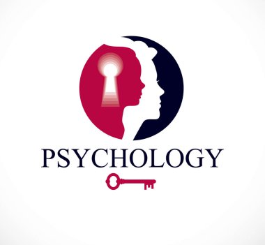 Psikoloji vektör logo kadın baş profil ve küçük çocuk kızla içinde anahtar deliği, iç çocuk, insan ve psişik sorunlar kavramı bir anahtarı oluşturdu. Terapi ve analiz kavramı.