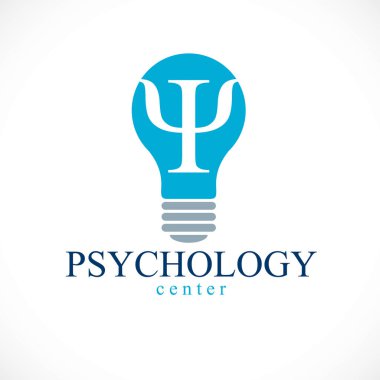 Psychology vector logo or icon with ancient Greek Psi symbol inside of idea light bulb. clipart