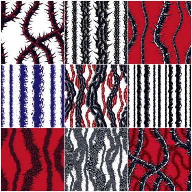 Korku sanatı stili korkunç, pürüzsüz kalıplar, vektör arkaplan koleksiyonu. Hard Rock ve Heavy Metal alt kültür müzik tekstil moda tasarımı. Dikenli ve karışık köklü Blackthorn dalları, şık çizimler..