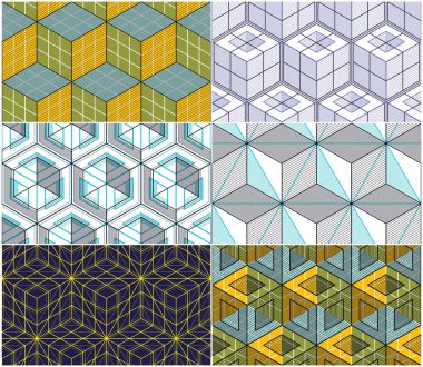 Geometrik küpleri sorunsuz desenleri kümesi, 3d vektör arka plan toplama soyut. Çizim için sonsuz renkli çizimler mühendislik teknolojisi tarzı. Kaydırma kumaş, duvar kağıdı, için kullanılabilir.