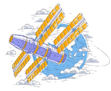 Uzay İstasyonu çevresinde Dünya, uzay gemisi uzay gemisi ISS ile güneş panelleri, yapay uydu yörünge uçuş uçuş. İnce çizgi 3d vektör çizim.