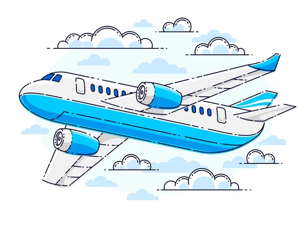 白い背景に隔離された雲に囲まれた空を飛ぶ飛行機の旅客機 美しい細い線ベクトル — ストックベクタ