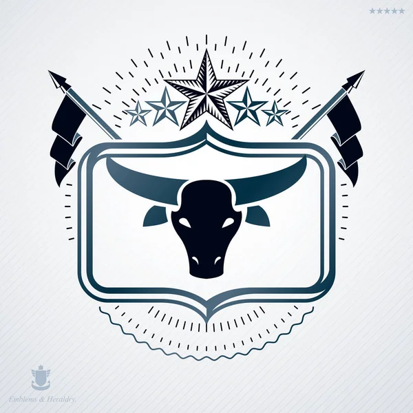 Vintage Decoratieve Heraldische Vector Embleem Gecomponeerd Met Bull Hoofd Illustratie — Stockvector