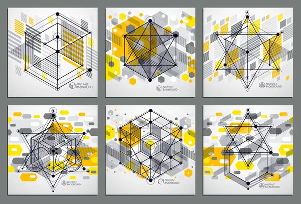 Vector Modern Abstract Cubic Lattice Lines Yellow Backgrounds Set Layout — Stock Vector