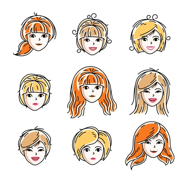 Conjunto Caras Mujeres Cabezas Humanas Diferentes Personajes Vectoriales Como Pelirroja — Vector de stock