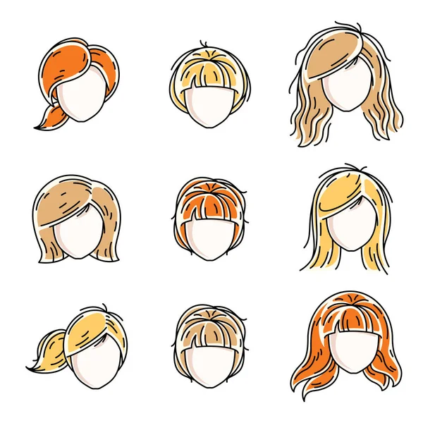 Collection de visages de femmes, têtes humaines. Caractère vectoriel diversifié — Image vectorielle