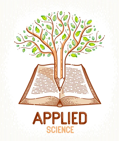 Árbol combinado con lápiz sobre la educación libro vintage abierto o sc — Vector de stock