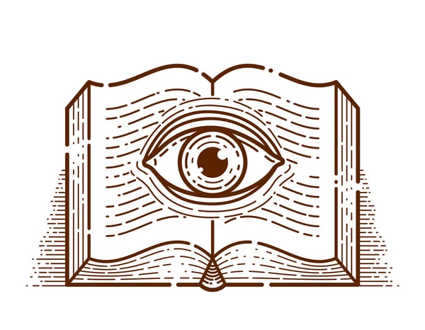 Secret knowledge vintage open book with all seeing eye in text l — Stock Vector