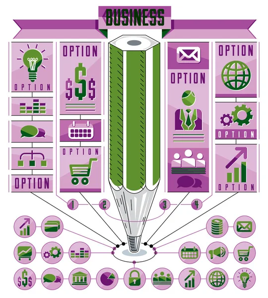 Infographics Şablon Merkezli Boyutlu Kompozisyon Kalemle Vektör Çizim — Stok Vektör