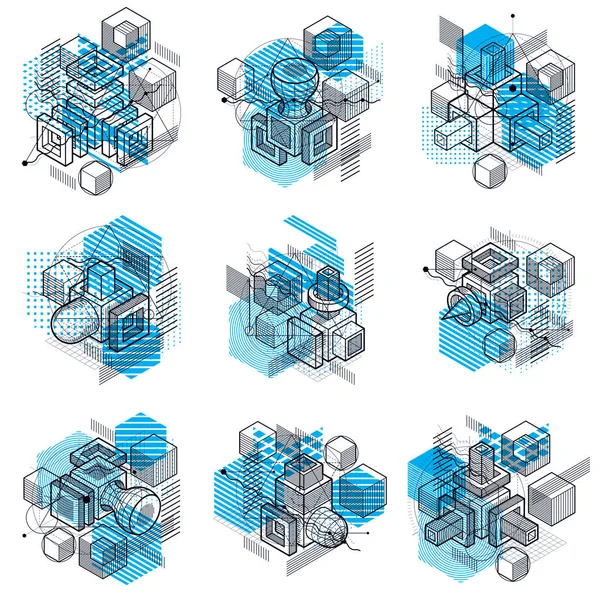 Abstrakte Designs Mit Linearen Maschenformen Und Figuren Vektorisometrische Hintergründe Würfel — Stockvektor