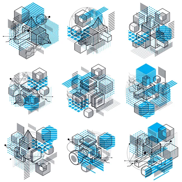 Abstract Vector Isometrische Achtergronden Lay Outs Van Kubussen Zeshoeken Vierkanten — Stockvector