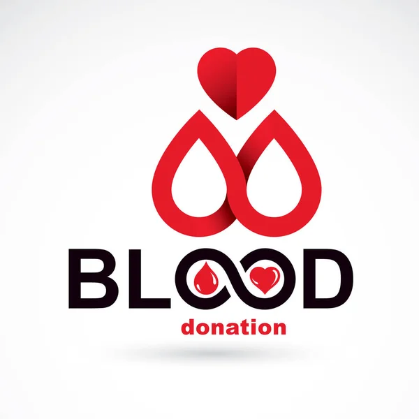 献血题词在白色上被分离出来 用矢量红血滴 心形和无限符号创造出来 供慈善组织使用的医学主题图形标识 — 图库矢量图片
