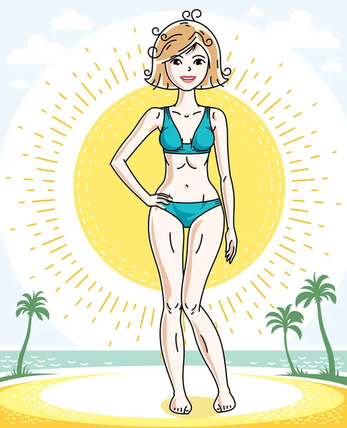 Glückliche Junge Blonde Frau Die Tropischen Strand Mit Palmen Steht — Stockvektor