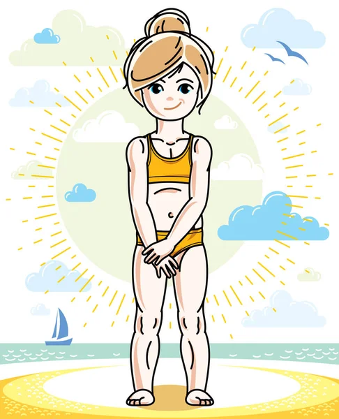 Счастливая Маленькая Светловолосая Девочка Позирует Солнечном Пляже Ярком Купальнике Векторный — стоковый вектор