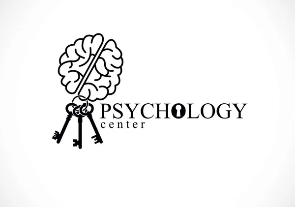 キーチェーン メンタルヘルス心理学概念ロゴまたはアイコン 精神分析 心理療法は人間の心の概念にキーとしてキーを持つ人間の解剖学的脳 ベクトルのシンプルな古典的なデザイン — ストックベクタ