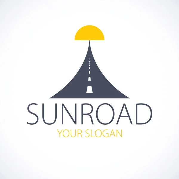 The road to the setting sun, highway vector perfect design illustration or logo. Camping, travel and tourism theme, car or bus trip ride. Can be used as a road banner or billboard.