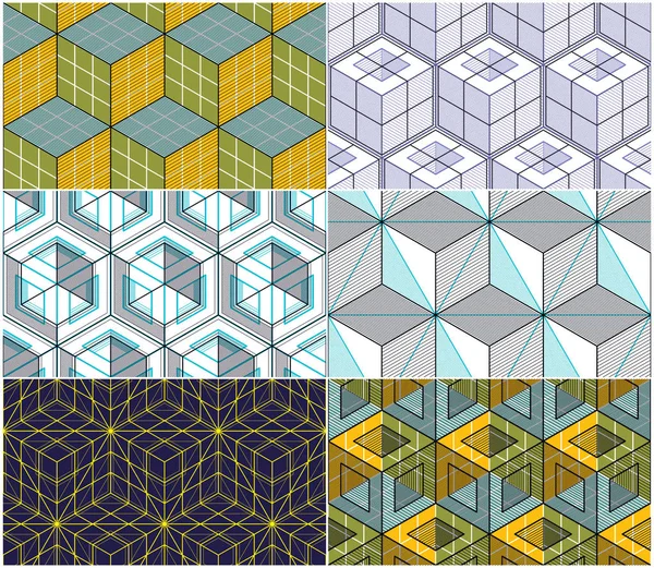 Geometric Cubes Abstract Seamless Patterns Set Vector Backgrounds Collection Technology — Stock Vector