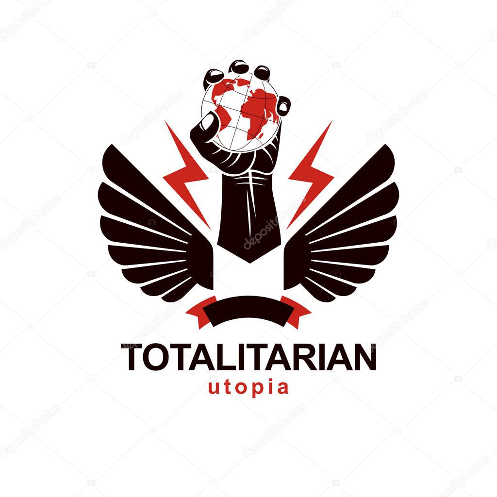 Raised arm holds Earth globe, vector logo. Power and authority conceptual illustration.