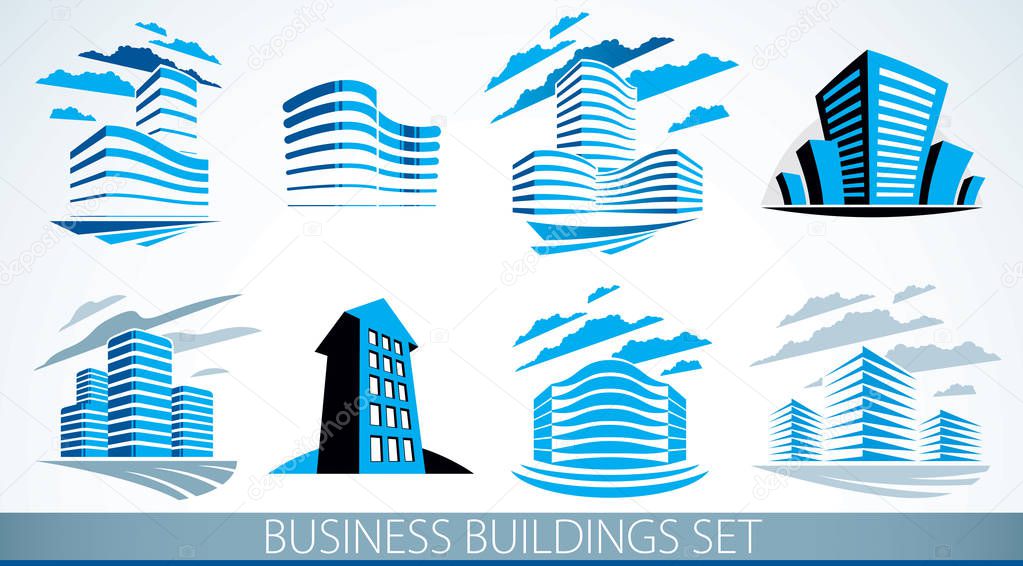 Business buildings set, modern architecture vector illustrations collection. Real estate realty office center designs. 3D futuristic facades in big city. Can be used as a logos or icons.
