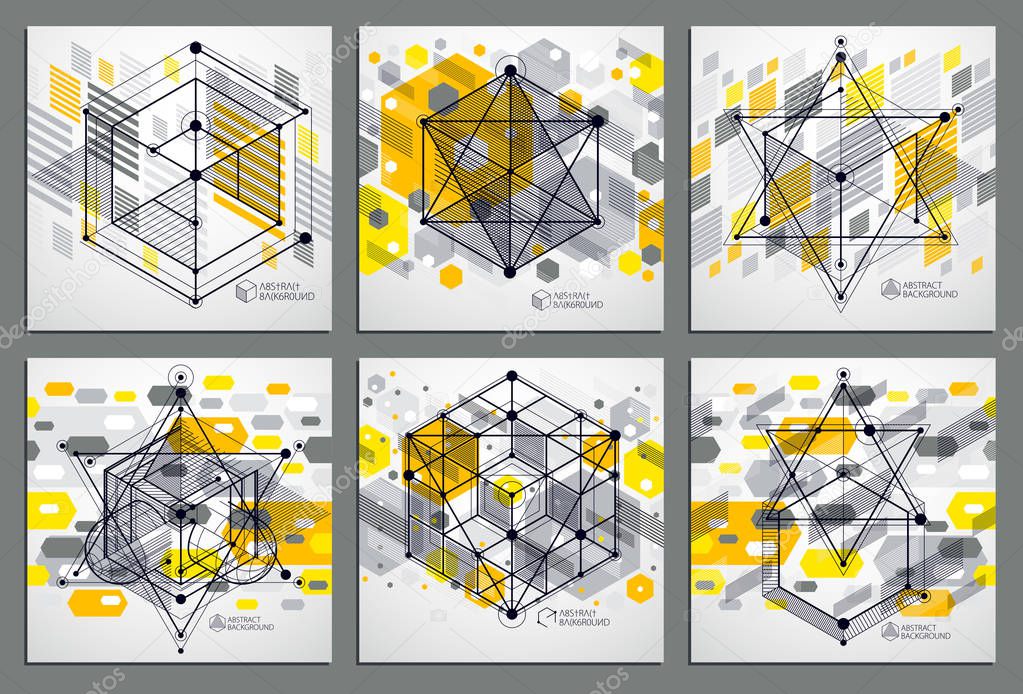 Vector of modern abstract cubic lattice lines yellow backgrounds set. Layout of cubes, hexagons, squares, rectangles and different abstract elements. Abstract technical 3D background.