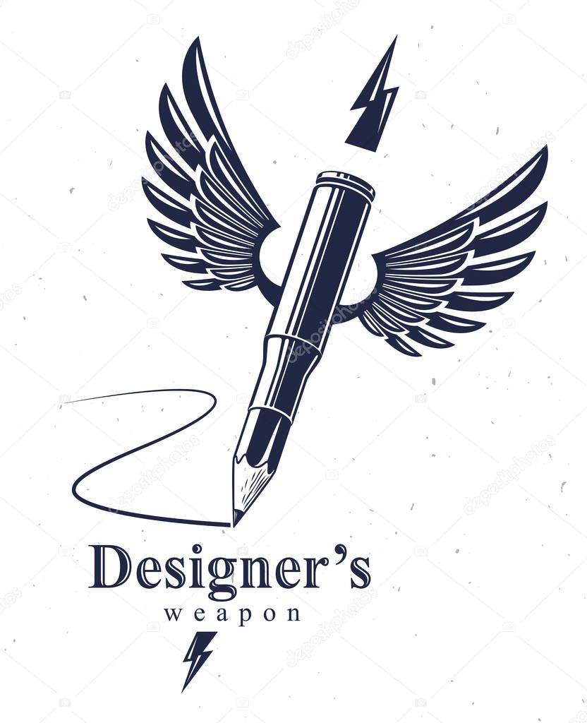 Idea is a weapon concept, weapon of a designer or artist allegory shown as a winged firearm cartridge case with pencil instead of bullet, creative power, vector logo or icon.
