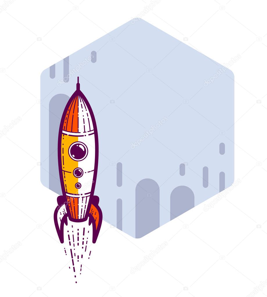 Vector background with launching rocket and copy space for text,