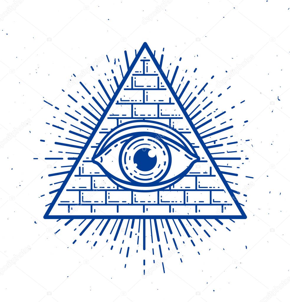 All seeing eye of god in sacred geometry triangle, masonry and illuminati symbol, vector logo or emblem design element.