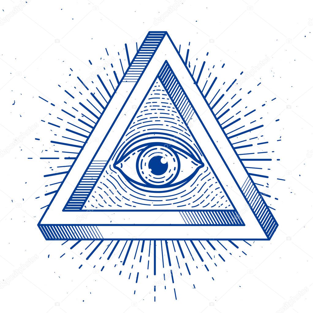 All seeing eye of god in sacred geometry triangle, masonry and illuminati symbol, vector logo or emblem design element.