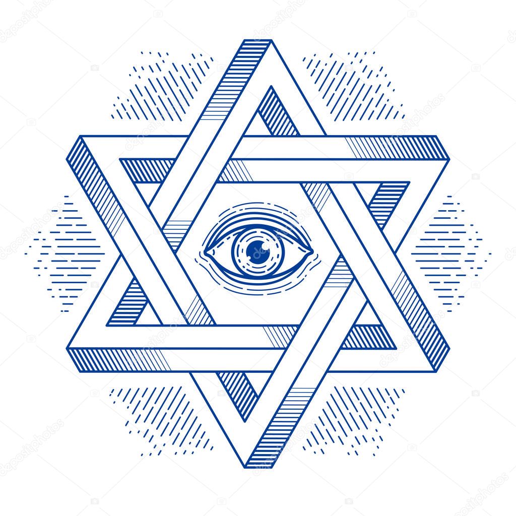 Jewish hexagonal star with all seeing eye of god sacred geometry religion symbol created from two dimensional triangles impossible shapes, vector logo or emblem design element.
