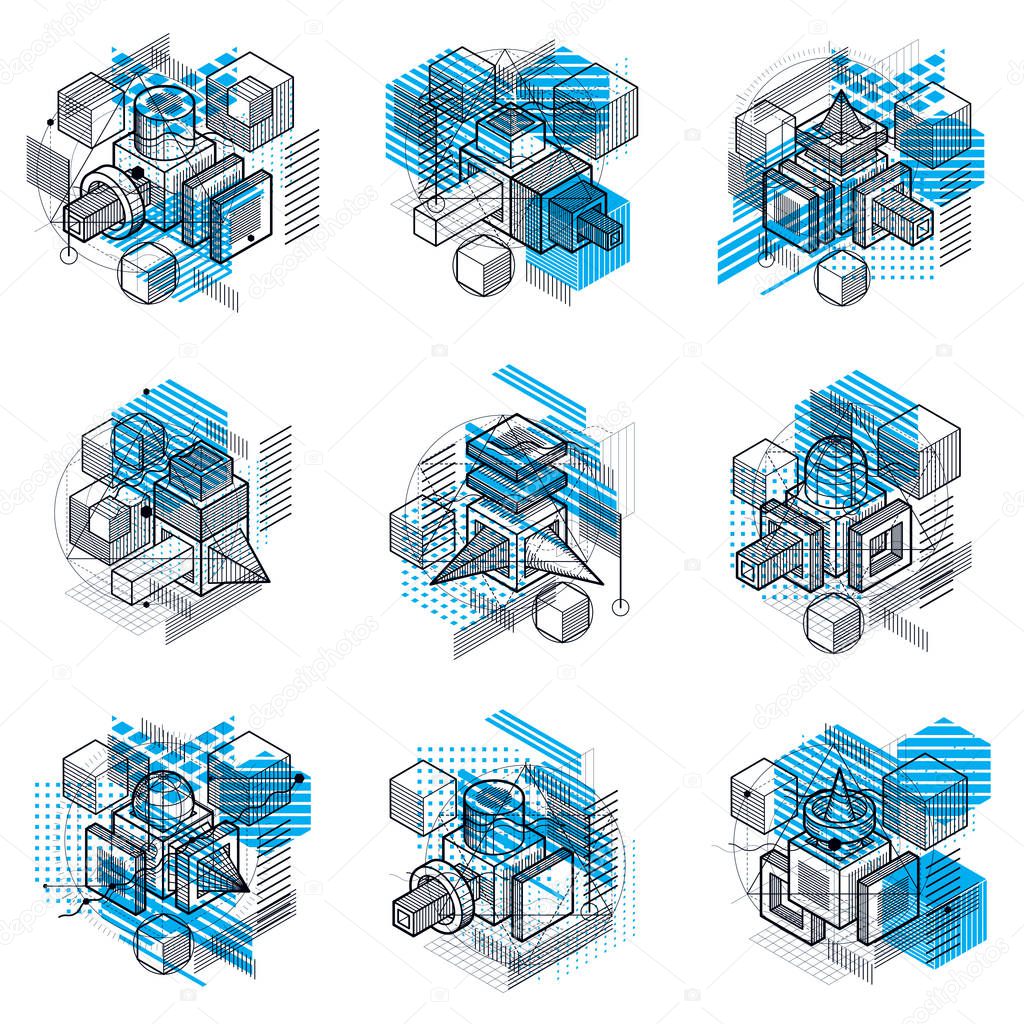 Abstract backgrounds with isometric elements, vector linear art with lines and shapes. Cubes, hexagons, squares, rectangles and different abstract elements. Vector set.