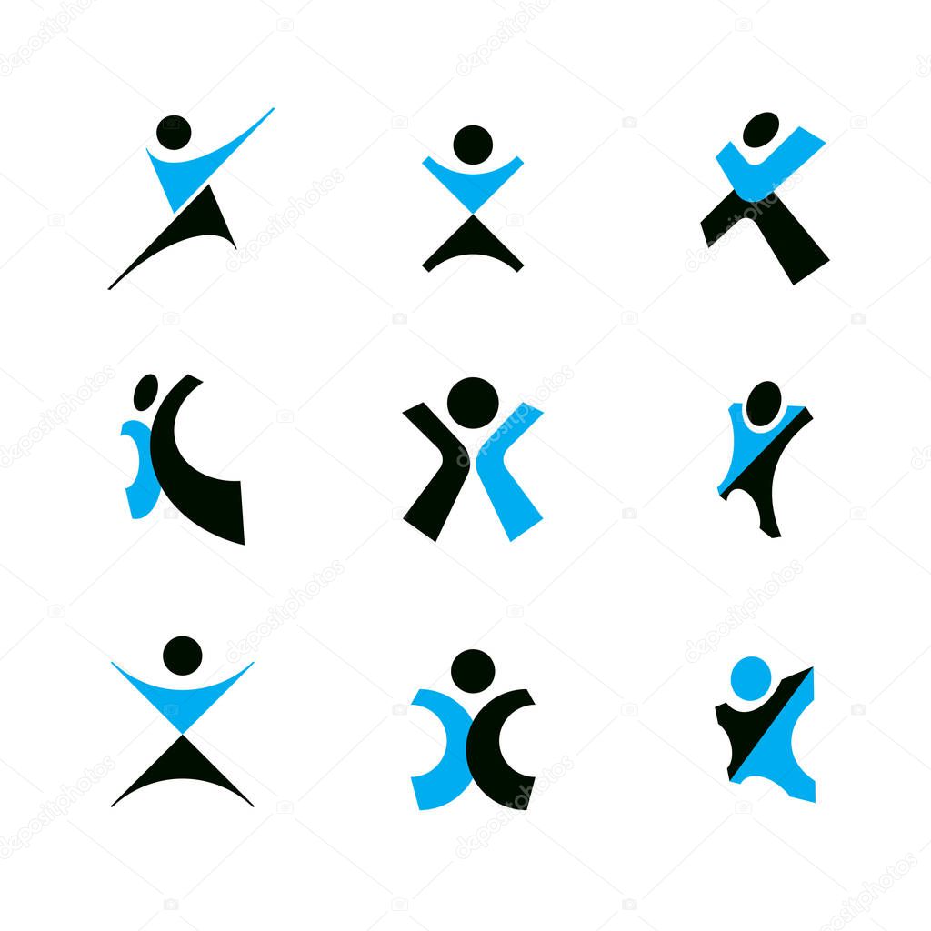 Vector illustration of joyful abstract individual with arms reaching up. Happiness metaphor logo.