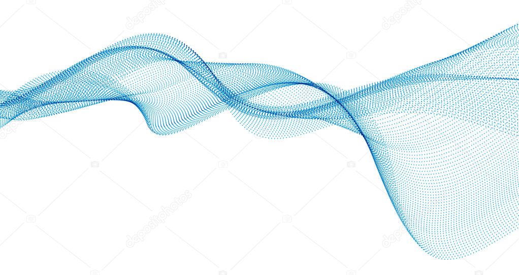 3d particles mesh array, sound wave flowing. Round points vector effect illustration. Blended mesh, 3d futuristic technology style.