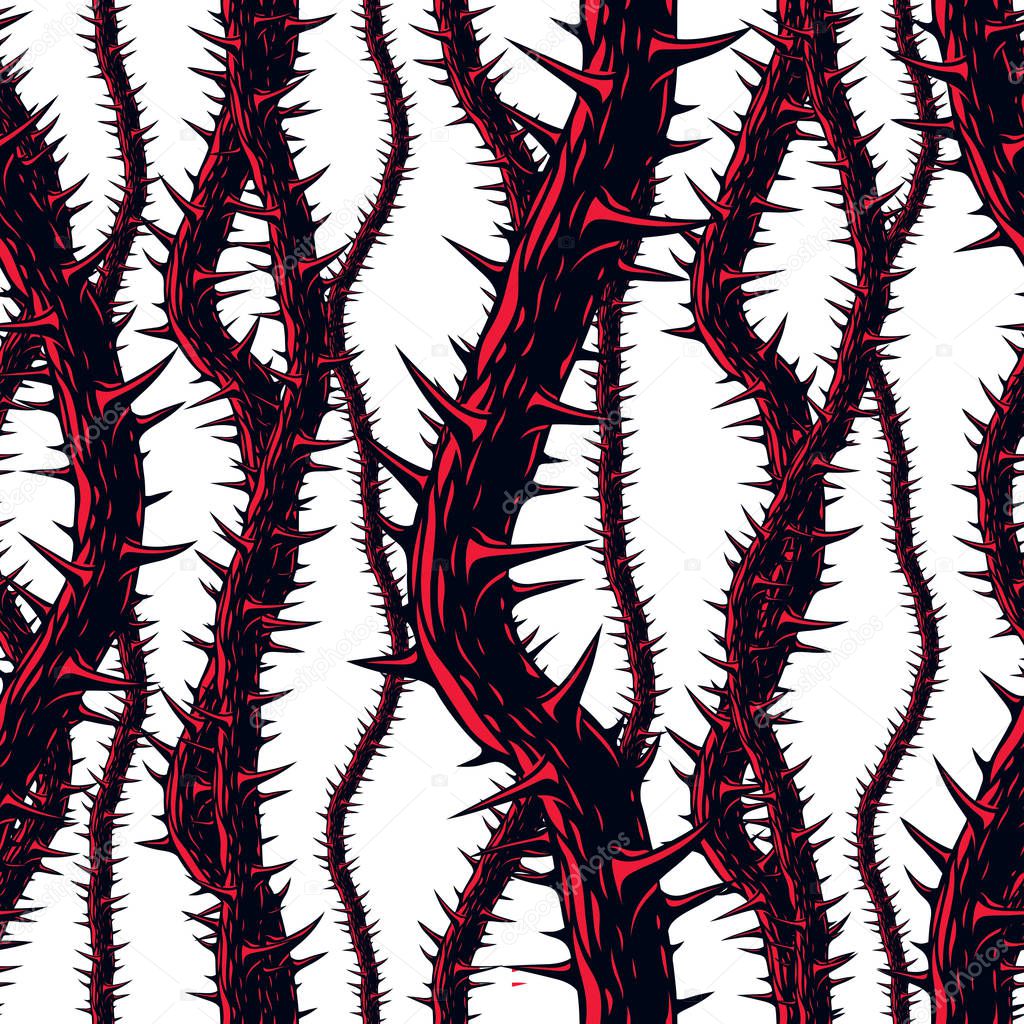 Disgusting horror art and nightmare seamless pattern, vector background. Blackthorn branches with thorns stylish endless illustration. Usable for fabric, wallpaper, wrapping, web and print.