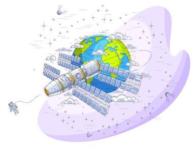 Uzay İstasyonu uçan yıldızlar ve diğer öğeler tarafından çevrili toprak, uzay gemisi uzay gemisi ISS yapay uydu, güneş panelleri ile çevresinde yörünge uzay uçuşu. İnce çizgi 3d vektör çizim.