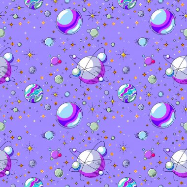 Gezegenler, yıldızlar, asteroitler ve kuyruklu yıldızlar, keşfedilmemiş galaksi fantastik ve ilginç çocuklar için tekstil kumaşı, sonsuz döşeme deseni, vektör çizimi.