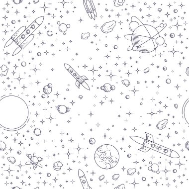 Roketleri, gezegenleri ve yıldızları olan kusursuz uzay arkaplanı, keşfedilmemiş derin kozmos fantastik ve nefes kesici çocuklar için tekstil kumaşı, sonsuz fayans deseni, vektör çizim motifi.